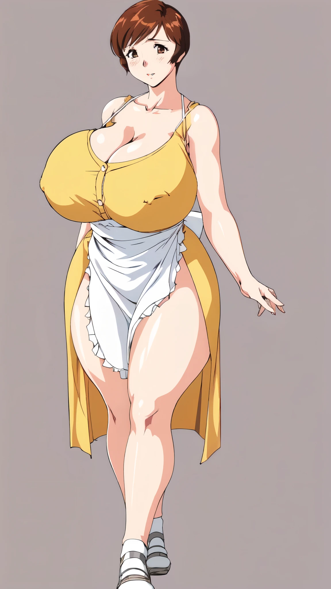 masterpiece, highest quality, High resolution, One girl, solo, sexual intercourse, Pornographic images, short hair, etsukoto, brown Eyes, fine grain, fine grain, (((Thick thighs, Plump thighs, Voluptuous thighs, Thighs alone are enough))), Huge and ample breasts, Cleavage, big long breasts, Naughty big,((big breasts are important))、((Naughty thighs)), L Cup, (thin:1.4),(Tight waist:1.4), (yellow dress:1.4), ((waist apron)), white panty, (((Simple Background))), ((Wide Hips)), Shiny, Oily skin, Mature mother, Calf, Seductive mature woman, milf, Perfect body, Plus Size Model, curvy, ample, etsukoto, blush, clavicle, retro artstyle, 1990s (style), (thick thighs:1.4), Bare legs, ((bursting breast)), firm breasts, (from side:0.9), full body, feet, looking away, open stance, open legs, discovery stance,