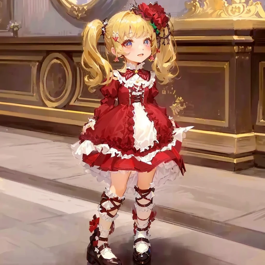 masterpiece:1.2, best quality, detailed and beautiful, a close up of a person in a dress and shoes, ,  in dress, small  girl, ingame image, frilly outfit, fantasy outfit, , maid outfit, cute anime waifu in a nice dress, lolita fashion, ayaka genshin impact, shalltear bloodfallen, rococo ruffles dress