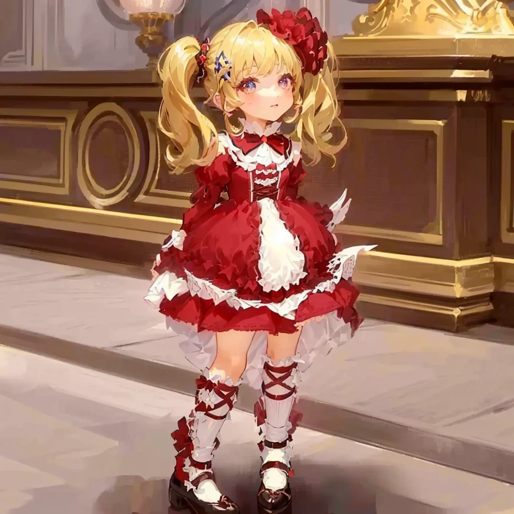 masterpiece:1.2, best quality, detailed and beautiful, a close up of a person in a dress and shoes, ,  in dress, small  girl, ingame image, frilly outfit, fantasy outfit, , maid outfit, cute anime waifu in a nice dress, lolita fashion, ayaka genshin impact, shalltear bloodfallen, rococo ruffles dress