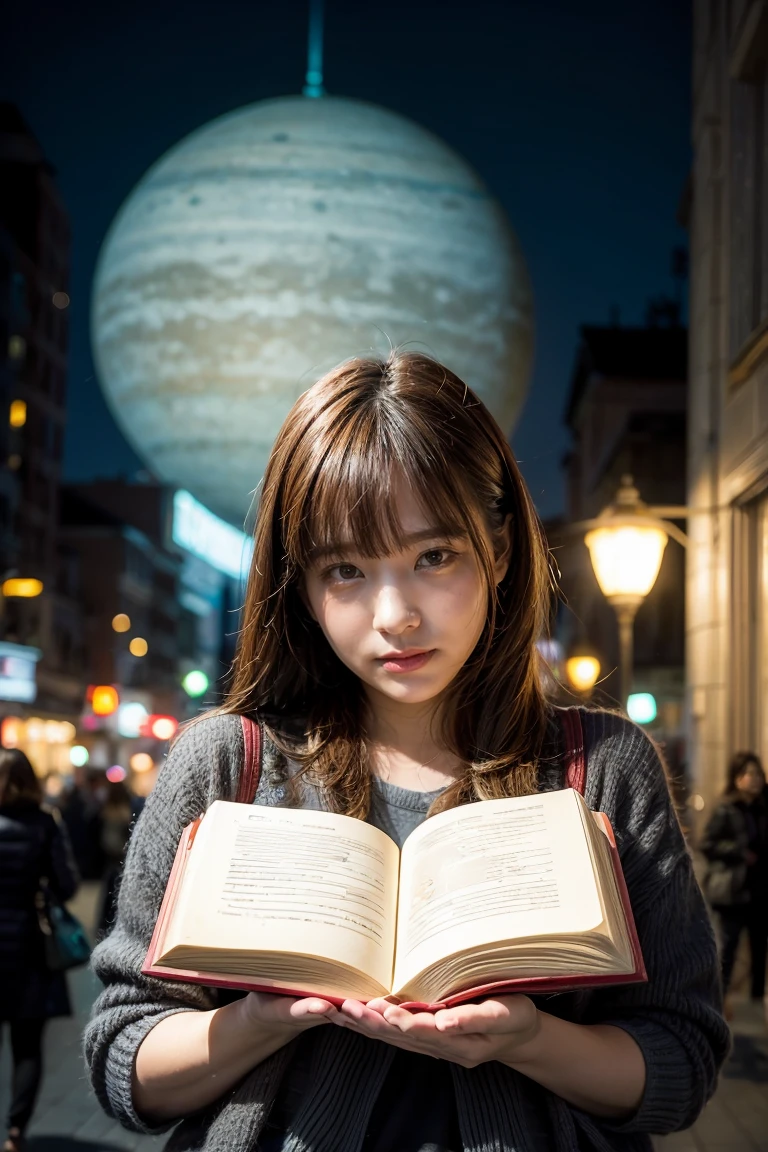 Two hands holding an open book, out of the book came out a planet shaped like a lamp, city bagirl, ckground with people, blurred background, realistic image.