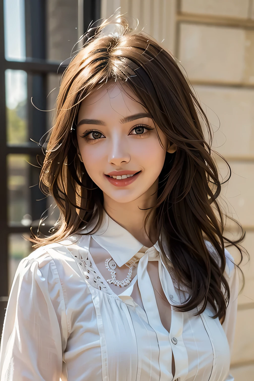 ((masterpiece)), ((Highest quality)), ((Complex)), ((Surreal)), (Realistic), (Mature Woman), ((No classes)), Very detailed, (1 female), Beautiful and exquisite, (Beautiful Teeth), Grin, Brunette Bob Hair, Brown eyes, ((blouse)), (Upper Body), (background:none), Perfect Eyes, Captivating eyes, Looking at the audience
