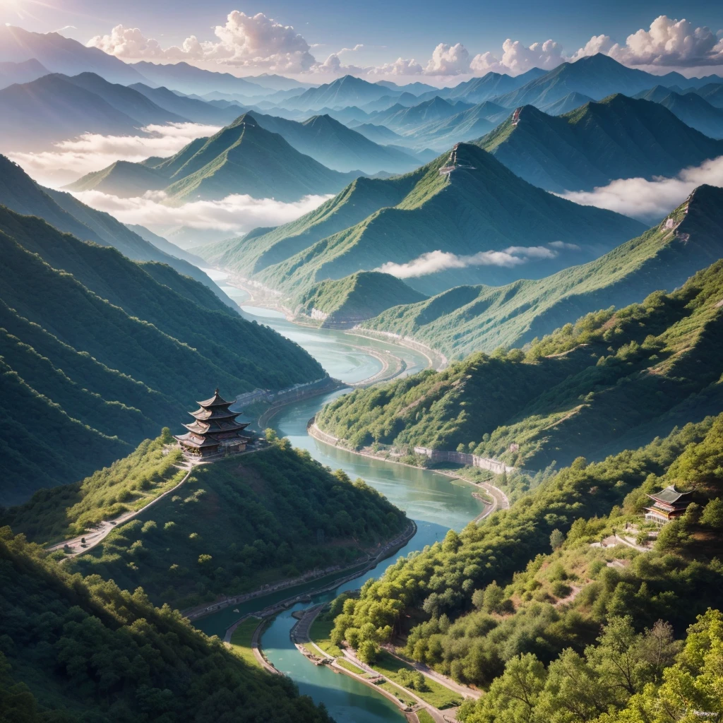 Ancient Chinese scenery, mountainscape, rivers, auspicious clouds, sunshine light, Master Pieces, super detaill, epic composition, ultra HD, high qualiy, extremely detaild, offcial art, 8k unified wallpaper, super detaill, 32k - v.6