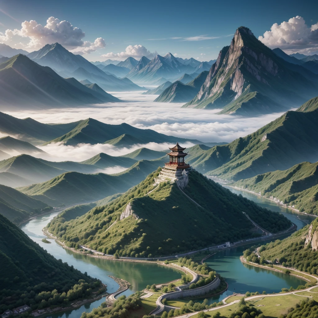 Ancient Chinese scenery, mountainscape, rivers, auspicious clouds, sunshine light, Master Pieces, super detaill, epic composition, ultra HD, high qualiy, extremely detaild, offcial art, 8k unified wallpaper, super detaill, 32k - v.6