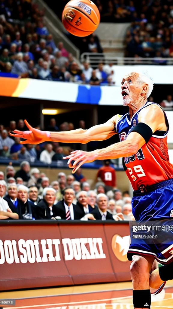 Elderly basketball player、The decisive dunk、From below、The spectators cheer