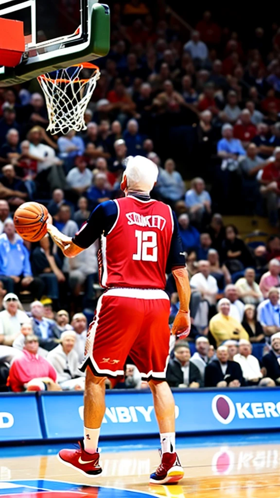Elderly basketball player、The decisive dunk、From below、The spectators cheer