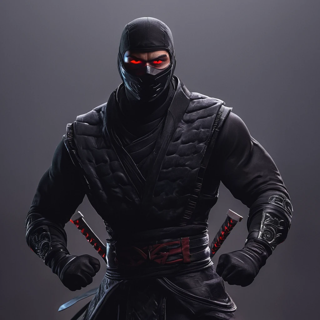 a ninja male character, neon red eyes, detailed face, strong muscular body, dynamic pose, black ninja outfit, full body portrait, cinematic lighting, photorealistic, detailed environment, dark moody atmosphere, vibrant colors, digital art