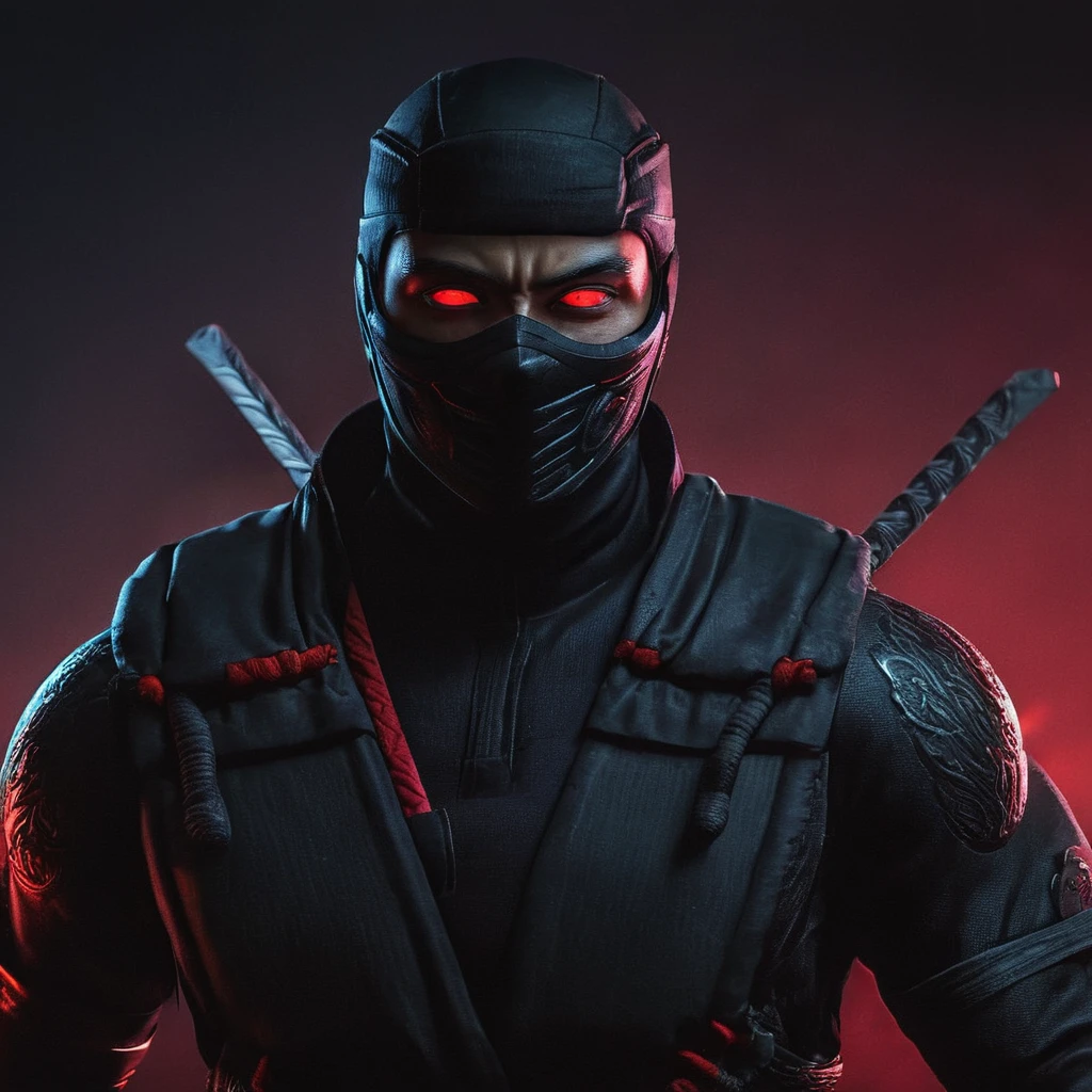 a ninja male character, neon red eyes, detailed face, strong muscular body, dynamic pose, black ninja outfit, full body portrait, cinematic lighting, photorealistic, detailed environment, dark moody atmosphere, vibrant colors, digital art