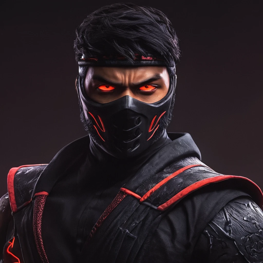 a ninja male character, neon red eyes, detailed face, strong muscular body, dynamic pose, black ninja outfit, full body portrait, cinematic lighting, photorealistic, detailed environment, dark moody atmosphere, vibrant colors, digital art