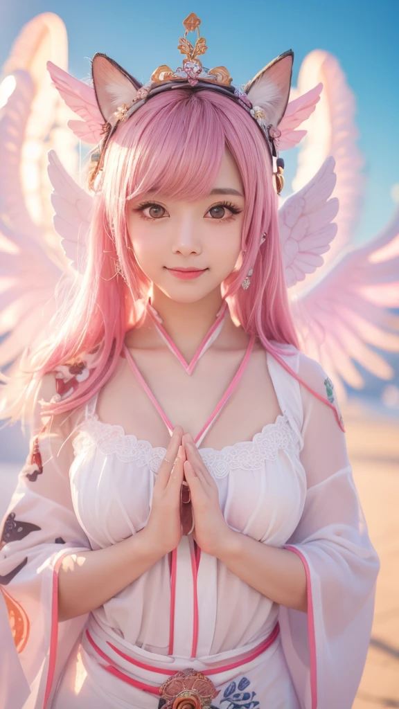 ((Highest quality)), ((masterpiece)), (detailed), 8K, High resolution,One Girl, Pink Hair, Perfect Eyes, Goddess of Athena, I pray, Put your hands together, (Be confident:1.6), (Look forward:1.5), (Be confident:1.5), Japanese festival in the background, smile, pink floral yukata, Cat ear, (Angel Wings:1.2), Big eyes, (The body is also facing diagonally forward.:1.5),