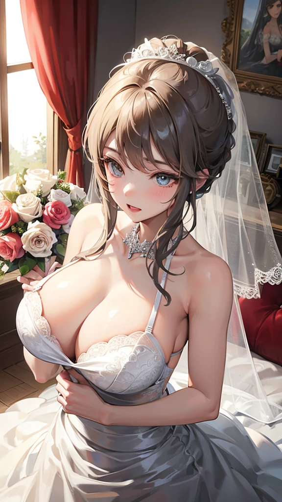 Girl with huge breasts in a bra wearing a sexy wedding dress with a veil and bouquet