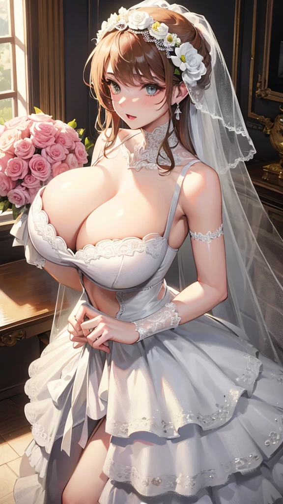 Girl with huge breasts in a bra wearing a sexy wedding dress with a veil and bouquet