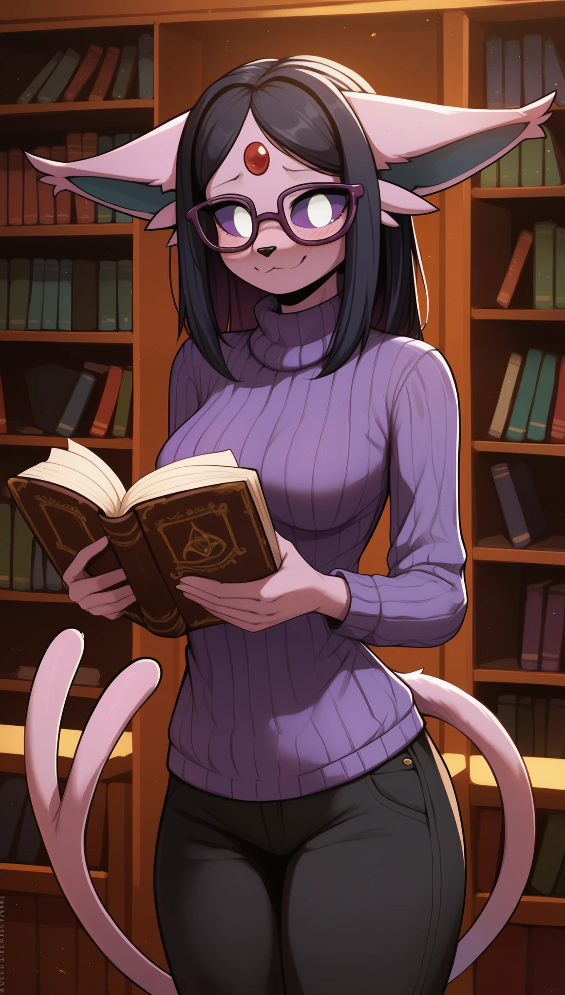 Excited expression, 1girl, anthro, furry, fur, fluffy fur, espeon girl, purple hair (black highlights), purple sclera, white eyes, pony tail hair, straight hair, (19 years), medium breast, thicc thighs, solo, (library), detailed, smug smile, purple glasses, purple turtle neck sweater, baggy pants (black pants), holding books, nervous, shy, looking at the viewer, score_9, score_8_up, score_7_up, score_6_up, score_5_up, score_4_up