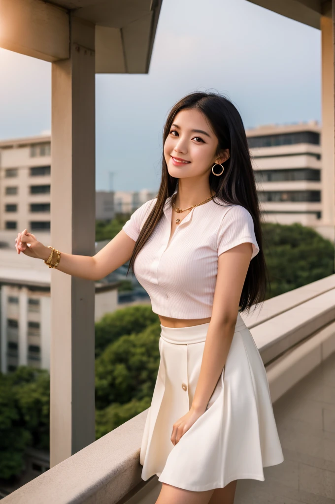 Rooftop of university building, 4th university student, ((full body)), ((photo)), ((best qualtiy, 8K, tmasterpiece:1.3)), Focus:1.2, perfect figure beautiful girl:1.4, 1girl, cowboy shot, look at viewer, eyes facing the camera, incredibly absurd, beautiful and cute girl with a photorealistic face, showcasing top-quality craftsmanship, A Japanese girl watching the sunset on the roof of a university building, 19 years old, long, straight, silky black hair, fair skin, big eyes, thin eyebrows, double eyelids, long eyelashes, pink lips, smile, devilish smile, gorgeous features, well-defined facial features, beautiful face line, mysterious beauty, slender, tall, well-balanced proportions, large E-cup breasts, white shirt, tight black skirt, beige pumps, gold necklace and bracelet, small earrings, elegant ring, pretty girl, beauty, devilish type, pretty older sister, passionate about art, sociable, friendly, positive, has leadership skills, is proactive, is flexible, gets things done efficiently, works hard towards dreams and goals, March