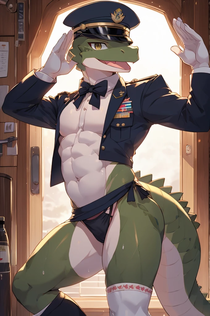 Highest quality、Sexy Baby Lizardman、Skimpy、Lizard head、Shota、maleの子、male、Sweat、Embarrassing、Gay、Train cabin、cute、Knee-high socks、frilled choker、Obscene language、Showing tongue、toplesagazine cover style illustration、bow tie、salute、military cap、Get a tip、Belly button style military uniform、navy、Minimal Panties、Transparent fabric