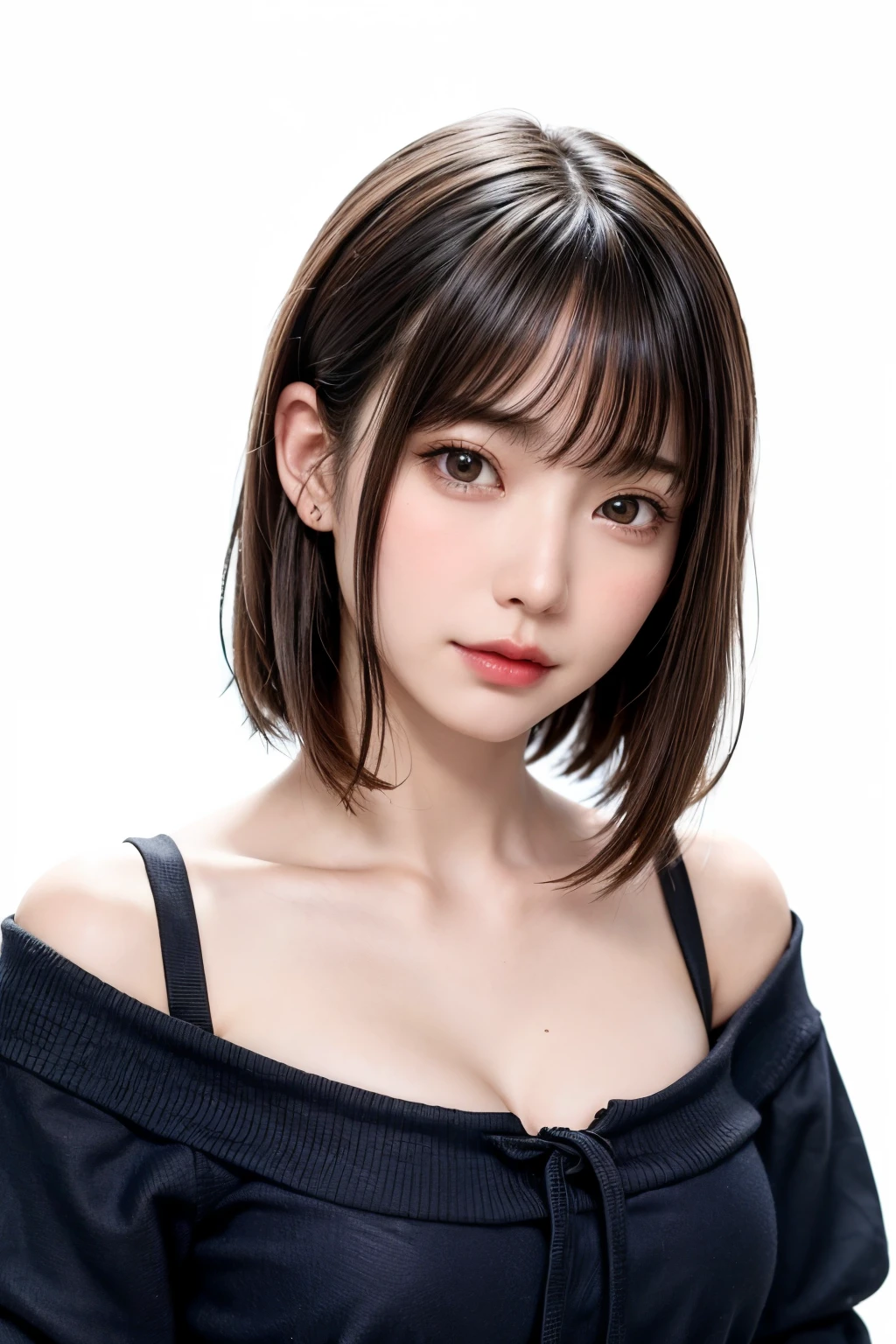 Everything is beautifully detailed:1.6,masterpiece、Highest quality、1 Girl, alone, alone focus, Cowboy Shot, Portraiture, Oversized hoodie, Blue and white hoodie, half水彩画, half, ((Black Hair)), (Shiny hair), (美し過ぎるShiny hair :1.5), ((Beautifully rendered delicate eyes)), Very detailedな目, (Beautiful and attractive skin), Highest quality, Very detailed, White Background, Simple Background、{huge|big|hugeな|Mega} chest:2, chestの谷間:2、開けたchest、chestを強調する、Open、Shoulder、Perfect Anatomy、Cute Smile、Short Hair、bangs、Put out your ears、beautiful long neck