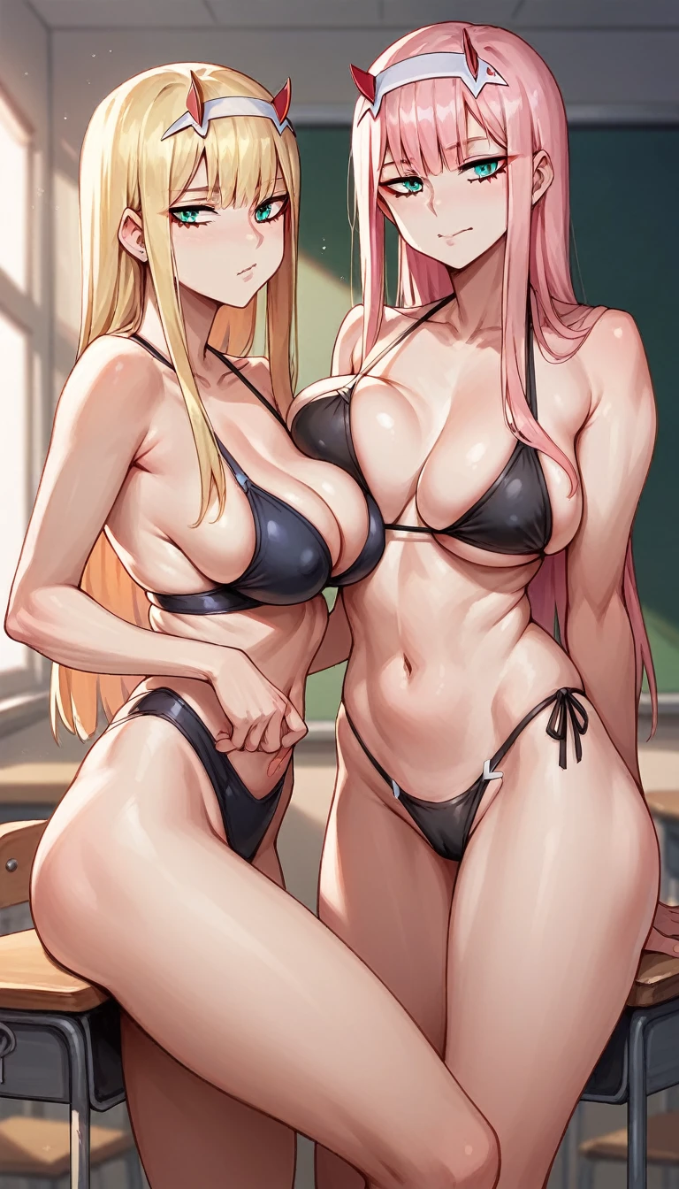 Zero Two (darling in the franxx)Very Very Big tits hot boobs big  and sagging big tits wearing a black swimsuit in the classroom