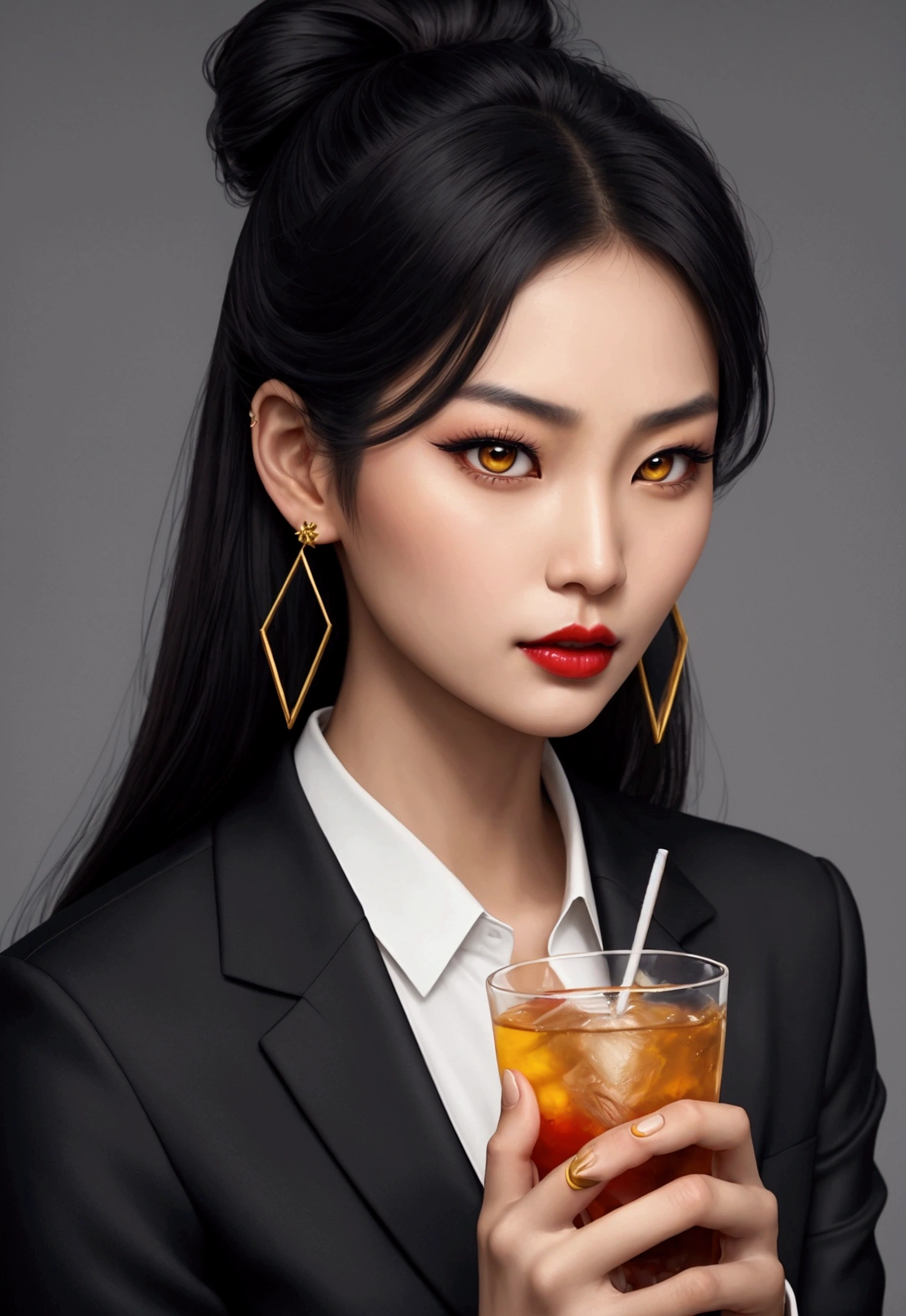 A realistic full-length photo of a beautiful Asian woman in business clothes, with a serious expression on her triangular chin, yellow eyes similar to those of an eagle, sipping a dark drink black hair tied in a bun, very well detailed image, complex and beautiful textures, a cigarette between the fingers, red lips, cross-shaped earrings