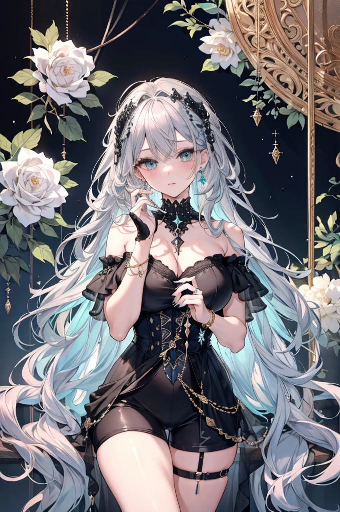 High resolution RAW color art, animation,Sculpture, Silver Marble Skin, (((Highly detailed elegant))), Magical atmosphere, Detailed skin, texture,(Exquisitely crafted, The finer details, Ultra-detailed art), Depth of written boundary, Silky Touch, Hyper Detail, White Background, (Black geometric shapes), Beautiful Eyes, Elegant face, Ivory Rose, eye shadow、(Highest quality:1.2, High detail, masterpiece:1.2, Best aesthetics), (1 Girl), Beautiful woman, Beautiful attention to detail, Beautiful lip detail, Highly detailed face, Delicate depiction of hair and eyes, Detailed Fashion, Aqua Eye, Earrings, Big Breasts,Full body depiction, ,Focus on the user, Bare knees, Black nails, Black off-the-shoulder, Black shorts, Gray Hair, Gold bracelet, Long Hair, Light blue inner hair、Hair、Blushing and looking up