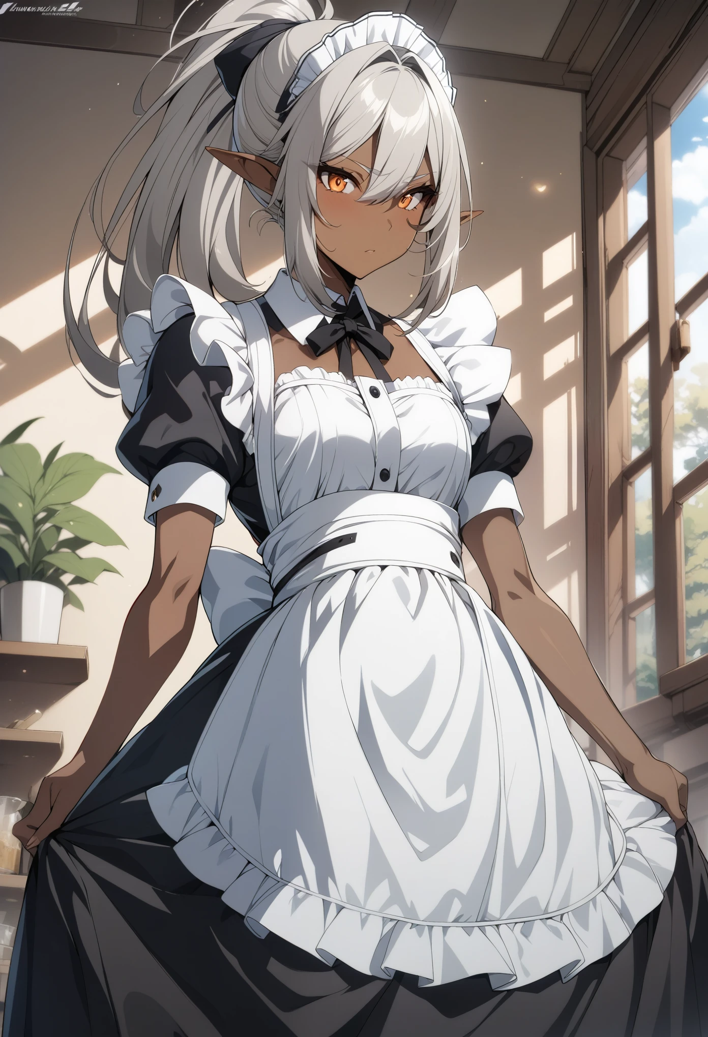 orange eyes,,((brown skin,dark elf,))grey hair,1lady,high ponytail, ,pointy ears,elf,,masterpiece, highres, solo, (maid:1.40), (long maid dress:1.15), anime_style, 14
