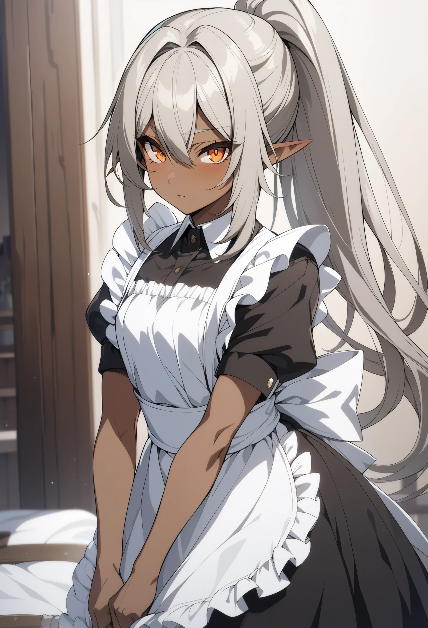 orange eyes,,((brown skin,dark elf,))grey hair,1lady,high ponytail, ,pointy ears,elf,,masterpiece, highres, solo, (maid:1.40), (long maid dress:1.15), anime_style, 14
