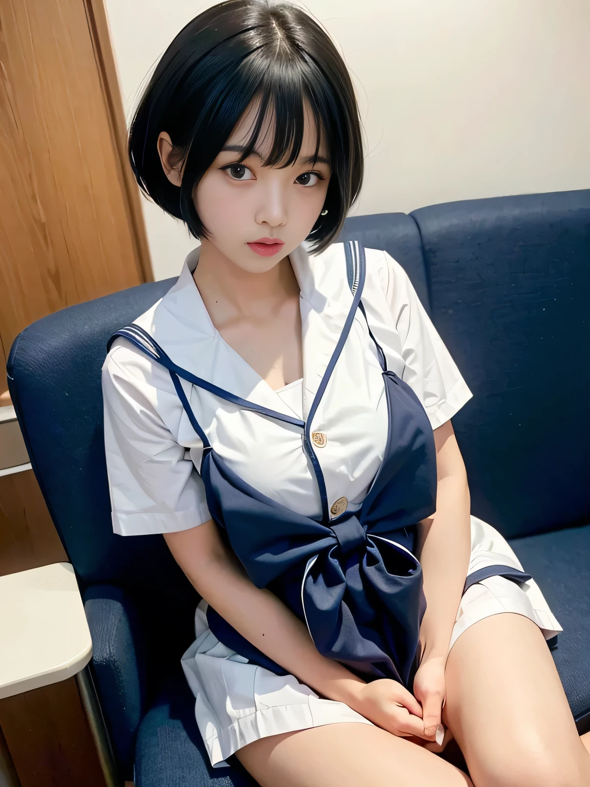 (masterpiece:1.3)、Very fine finish、(High resolution、8K:1.3)、(Highest quality)、(Ultra-realistic as a photo:1.3)、Correct limbs、Anatomically correct, The face is in focus、Sitting in a chair、I can see your thighs、Sexy super high resolution face、The face is in focus、Ultra high definition and beautiful eyes、Concentrated eyes、Eyes are symmetrical:1.3、High quality and beautiful skin、Firm Skin、Ultra HD Hair Texture、Japanese women、20-year-old、Blue Hair、Short Bob Cut、very cute, Half Up:1.3, high school girl、high school girl break (Short-sleeved high school girl uniform、Short-sleeved sailor suit:1.3), (Embarrassing:1.3), (blush:1.3), (Troubled expression:1.3), Mr..々Shooting angle:1.3, View your viewers, Browsing Caution, Licking fingers、Yellow wall