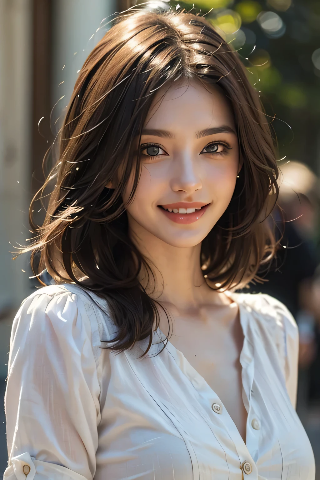 ((masterpiece)), ((Highest quality)), ((Complex)), ((Surreal)), (Realistic), (Mature Woman), ((No classes)), Very detailed, (1 female), Beautiful and exquisite, (Beautiful Teeth), Grin, Brunette Bob Hair, Brown eyes, ((blouse)), (Upper Body), (background:none), Perfect Eyes, Captivating eyes, Looking at the audience