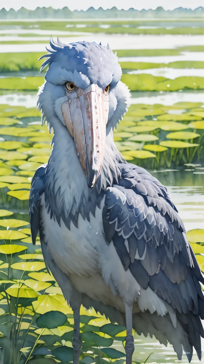 (((Watercolor、A blurred painting)))、Highest quality、Ultra-high resolution、Masterpiece:1.2、shoebill stork、Sharp Eyes、Sharpness in Targeting Prey、wetlands、Tall grassland