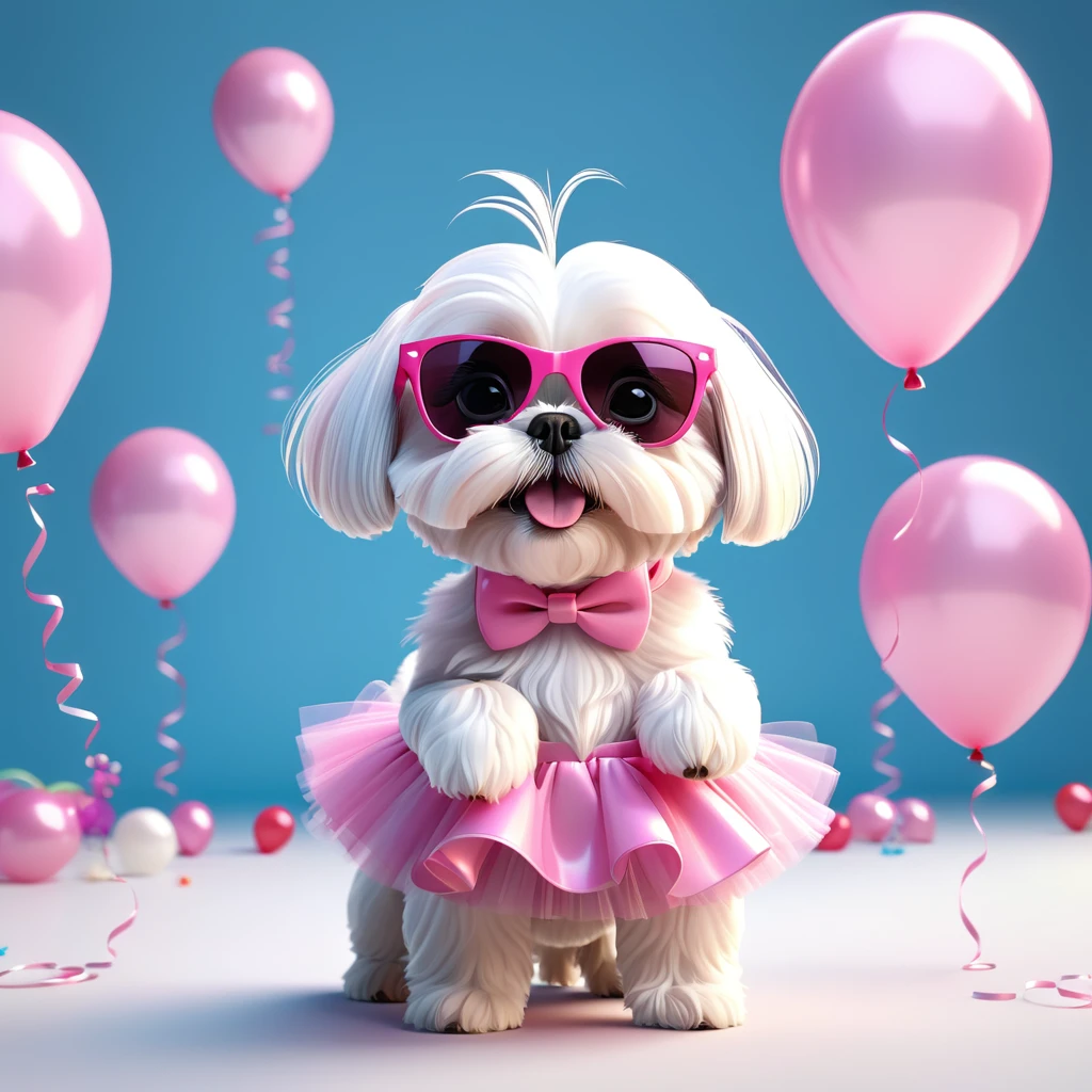 Adorable small white Shih Tzu puppy wearing pink sunglasses pink boys pink tutu at birthday balloons flying 3d cartoon 3d render disney pixar style