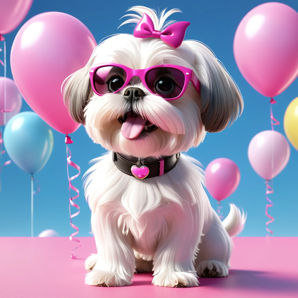 Adorable small white Shih Tzu puppy wearing pink sunglasses pink bows pink tutu at park at birthday playing with the water hose balloons flying 3d cartoon 3d render disney pixar style