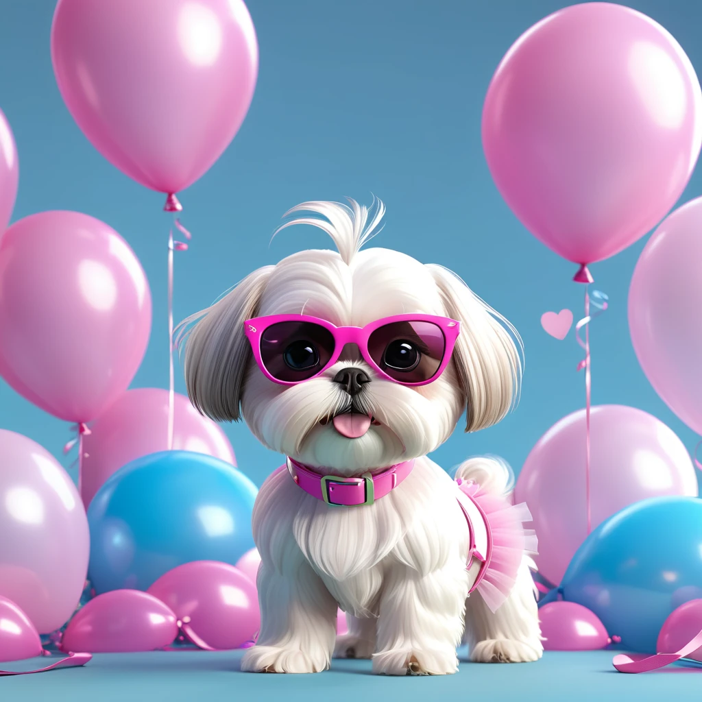 Adorable small white Shih Tzu puppy wearing pink sunglasses pink bows pink tutu at park at birthday playing with the water hose balloons flying 3d cartoon 3d render disney pixar style