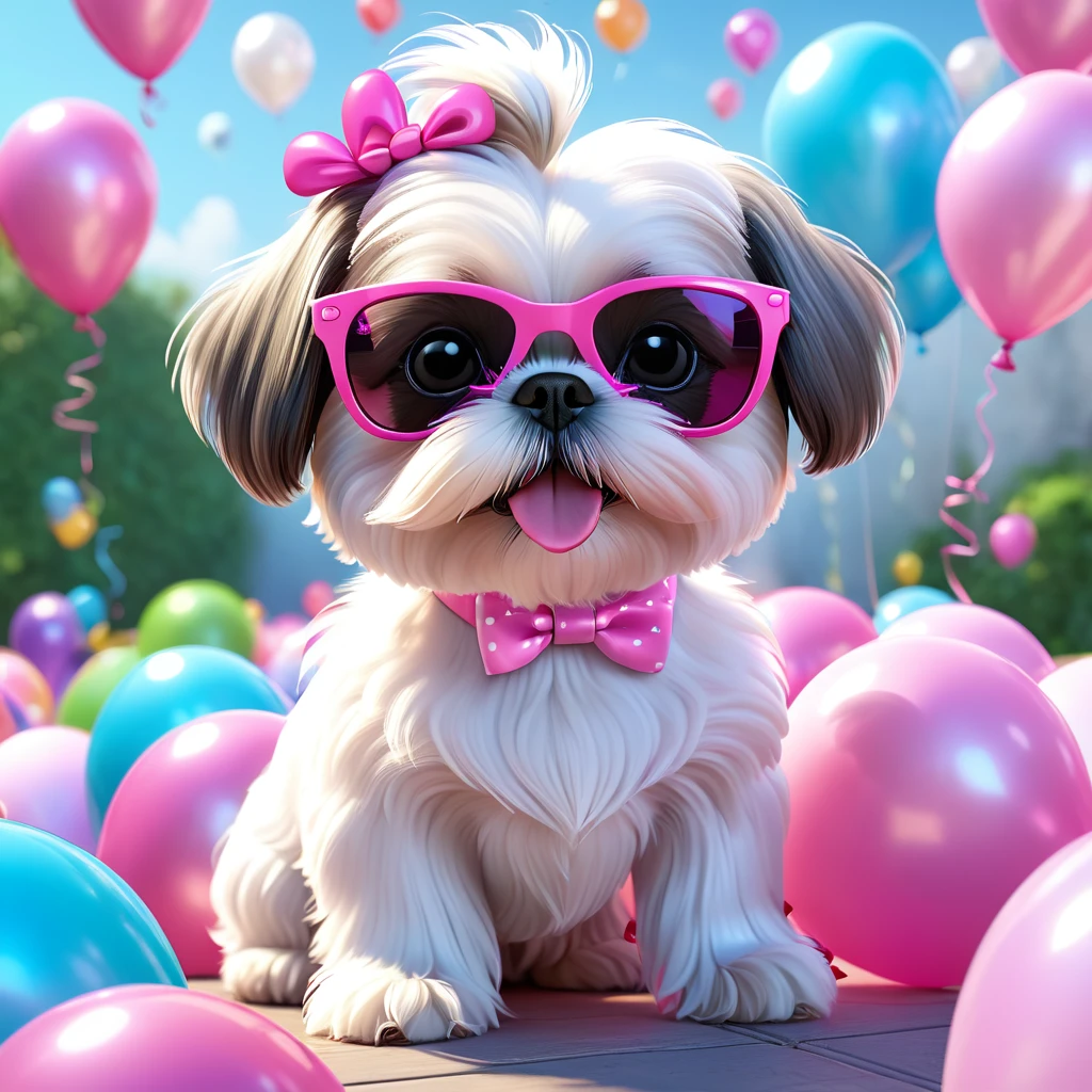 Adorable small white Shih Tzu puppy wearing pink sunglasses pink bows pink tutu at park at birthday playing with the water hose balloons flying 3d cartoon 3d render disney pixar style