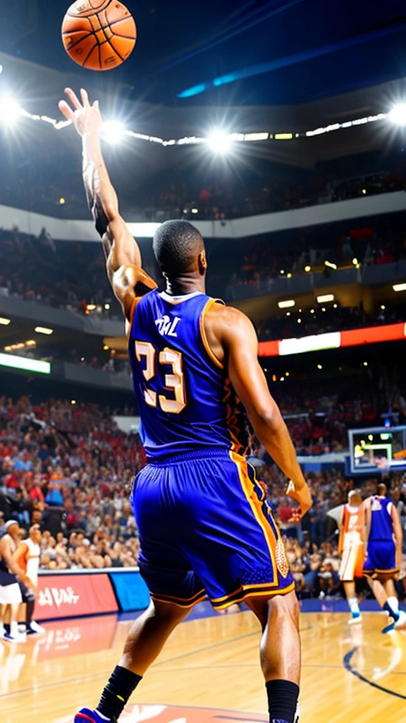 a middle-aged basketball player, dramatic dunk shot, from below, cheering crowd, (best quality,4k,8k,highres,masterpiece:1.2),ultra-detailed,(realistic,photorealistic,photo-realistic:1.37),highly detailed face and muscular body, dynamic action pose, intense facial expression, sweat droplets, basketball court interior, spectators in the stands, dramatic lighting, vibrant color palette