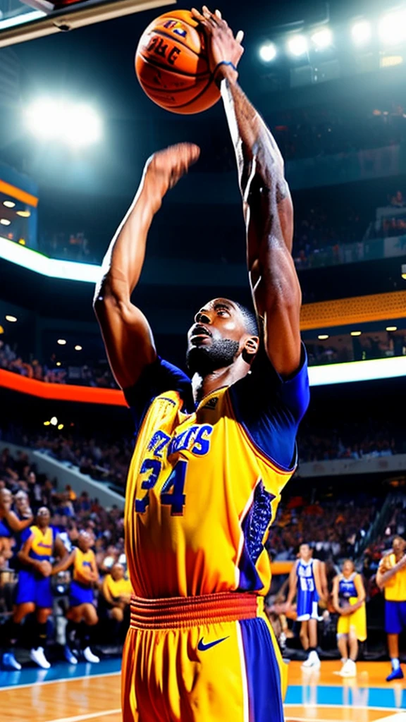 a middle-aged basketball player, dramatic dunk shot, from below, cheering crowd, (best quality,4k,8k,highres,masterpiece:1.2),ultra-detailed,(realistic,photorealistic,photo-realistic:1.37),highly detailed face and muscular body, dynamic action pose, intense facial expression, sweat droplets, basketball court interior, spectators in the stands, dramatic lighting, vibrant color palette