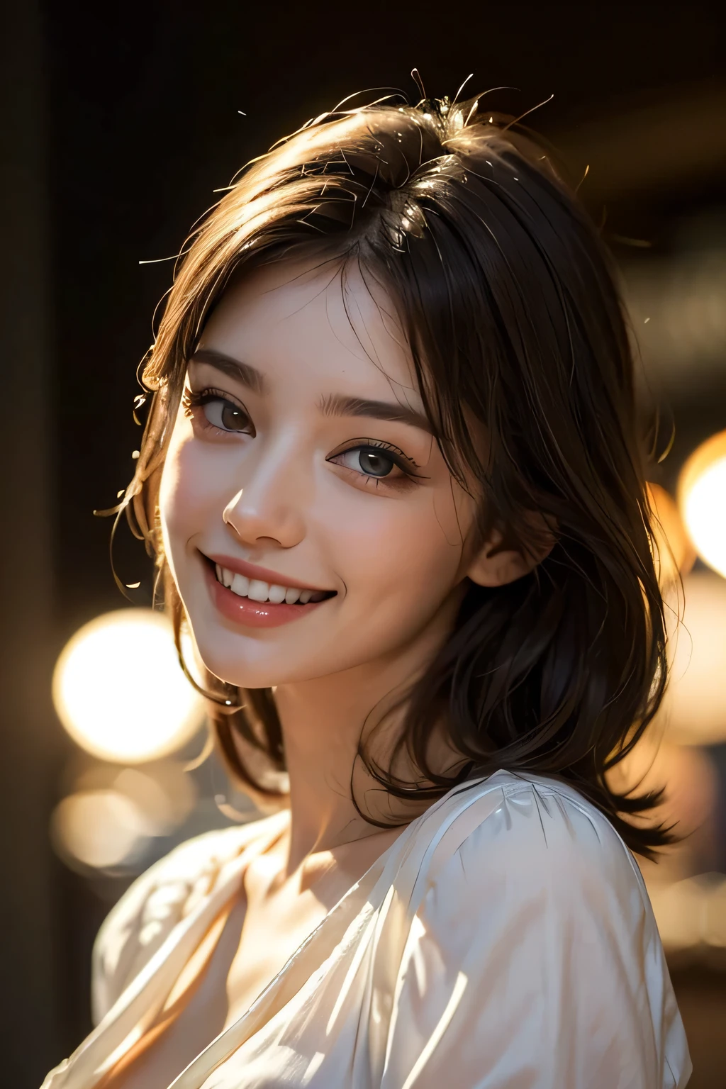 ((masterpiece)), ((Highest quality)), ((Complex)), ((Surreal)), (Realistic), (Mature Woman), ((No classes)), Very detailed, (1 female), Beautiful and exquisite, (Beautiful Teeth), Grin, Brunette Bob Hair, Brown eyes, ((blouse)), (Upper Body), (background:none), Perfect Eyes, Captivating eyes, Looking at the audience