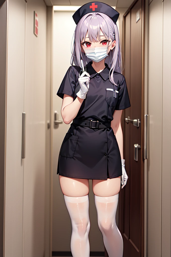 1boy, solo, male focus, nurse, white nurse cap, white nurse uniform, ((white legwear, zettai ryouiki)), white gloves, long hair, purple hair, red eyes, ((white surgical mask, covered nose)), standing, ((hospital room)), sharp outline, short sleeves, shota, , best quality, masterpiece