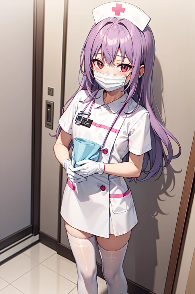 1boy, solo, male focus, nurse, white nurse cap, white nurse uniform, ((white legwear, zettai ryouiki)), white gloves, long hair, purple hair, red eyes, ((white surgical mask, covered nose)), standing, ((hospital room)), sharp outline, short sleeves, shota, 12 years old, best quality, masterpiece