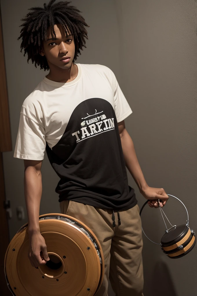 black male, curry hair, big, light brown eyes, playing tambourine, wearing casual clothes, 