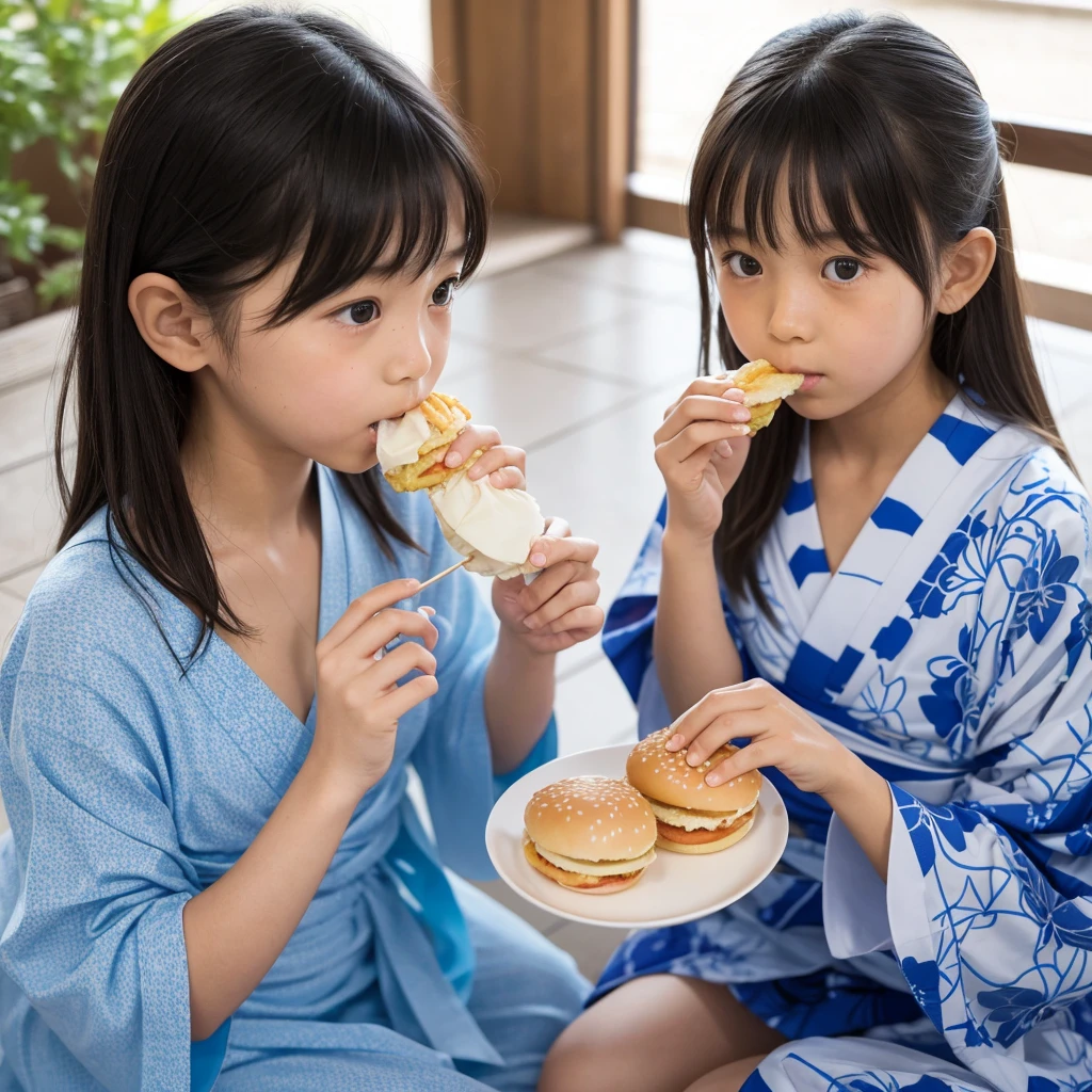 11 year old girl and 10 year old girl Japanese Light blue yukata Realistic Skin Bigeyes Eating a Big Mac フライドポテトを食べている