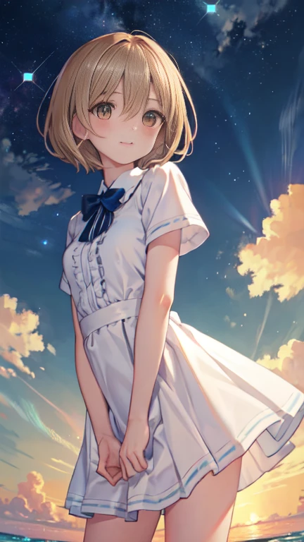 young, very short hair, bob haircut, Air bangs, hairs between eyes, hair over shoulder, light brown hair, beautiful detailed hair, extremely beautiful detailed anime face and eyes, happy, clear eyes, perfect hands, small Breasts, perfect and delicate limbs, light brown eyes, bright skin, pleated dress, insanely detailed frills, white Clothes, beautiful detailed sky, beach, Early in the morning, sparkle, refined rendering, extremely detailed, wallpaper 8k CG, the best quality,
