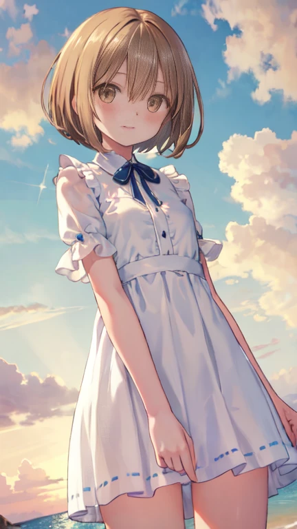 young, very short hair, bob haircut, Air bangs, hairs between eyes, hair over shoulder, light brown hair, beautiful detailed hair, extremely beautiful detailed anime face and eyes, happy, clear eyes, perfect hands, small Breasts, perfect and delicate limbs, light brown eyes, bright skin, pleated dress, insanely detailed frills, white Clothes, beautiful detailed sky, beach, Early in the morning, sparkle, refined rendering, extremely detailed, wallpaper 8k CG, the best quality,