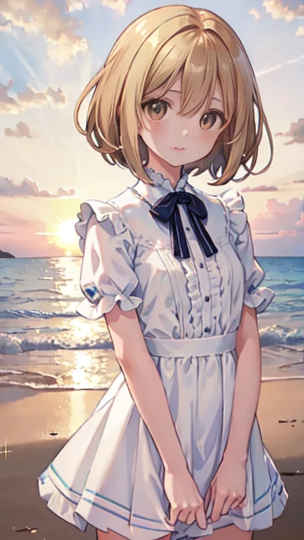 young, very short hair, bob haircut, Air bangs, hairs between eyes, hair over shoulder, light brown hair, beautiful detailed hair, extremely beautiful detailed anime face and eyes, happy, clear eyes, perfect hands, small Breasts, perfect and delicate limbs, light brown eyes, bright skin, pleated dress, insanely detailed frills, white Clothes, beautiful detailed sky, beach, Early in the morning, sparkle, refined rendering, extremely detailed, wallpaper 8k CG, the best quality,