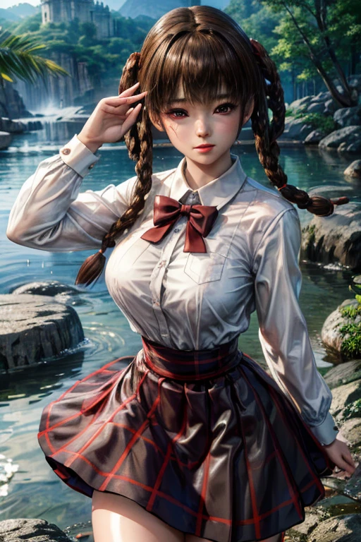 ((ultra detailed, masterpiece, absurdres)) DOALeiFang, 1girl, brown hair, brown eyes, twin braids, hair rings, portrait , steam , rain , plaid skirt , pleated skirt , Tight shirt , white Shirt , school girl , red bow , red knot ,