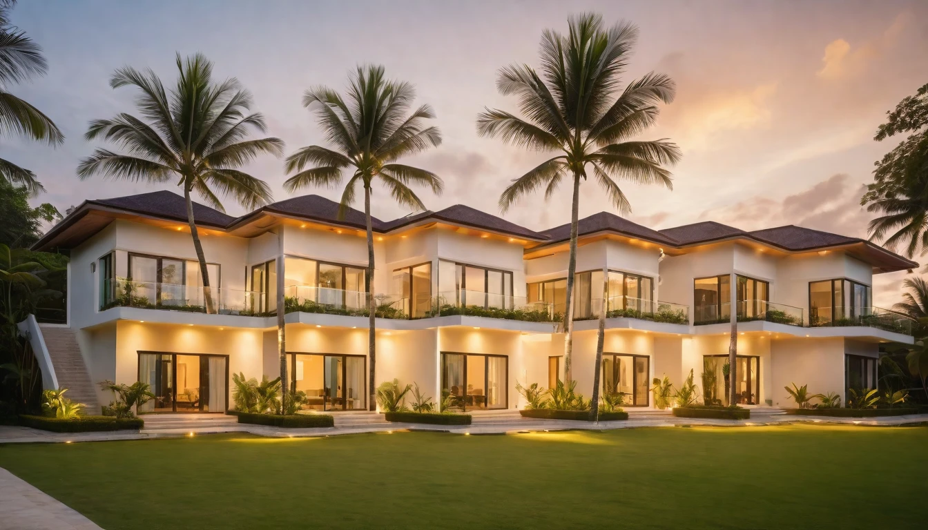 modern luxury villa, coconut trees, greenery landscape, along the white beach, clear sky, sunrise time, warm lighting RAW Photo, RAW texture, Super Realistic, 32K UHD, DSLR, soft lighting, high quality, film rating, Fujifilm XT3