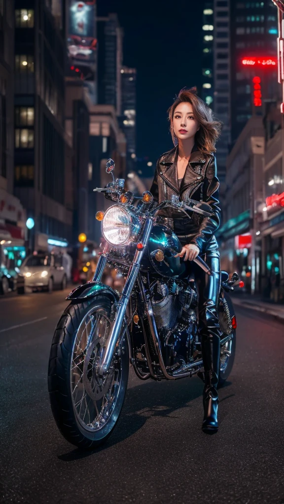 (masutepiece), Full body shot, Photos of the entire motorcycle, cute young woman, Ride an old, traditional shiny metallic silver motorcycle in the city, Charming shape, Shoulder-length shiny smooth hair, Wears a leather black riding jacket, Glossy satin red bikini under riding jacket, Black leather riding gloves, Leather black trousers, Leather black high-heeled boots, Gaze at the night view of the sea, Absolutely beautiful face, Double eyelids, Natural makeup, Long eyelashes, Glossy lips, 8K resolution, High details, Detailed hairstyle, Detailed face, Black eyes, ellegance, epic, Cinematic lighting, Octane rendering, vibrant, Ultra photo realsisim, Fair skin, Perfect limbs, Perfect anatomy