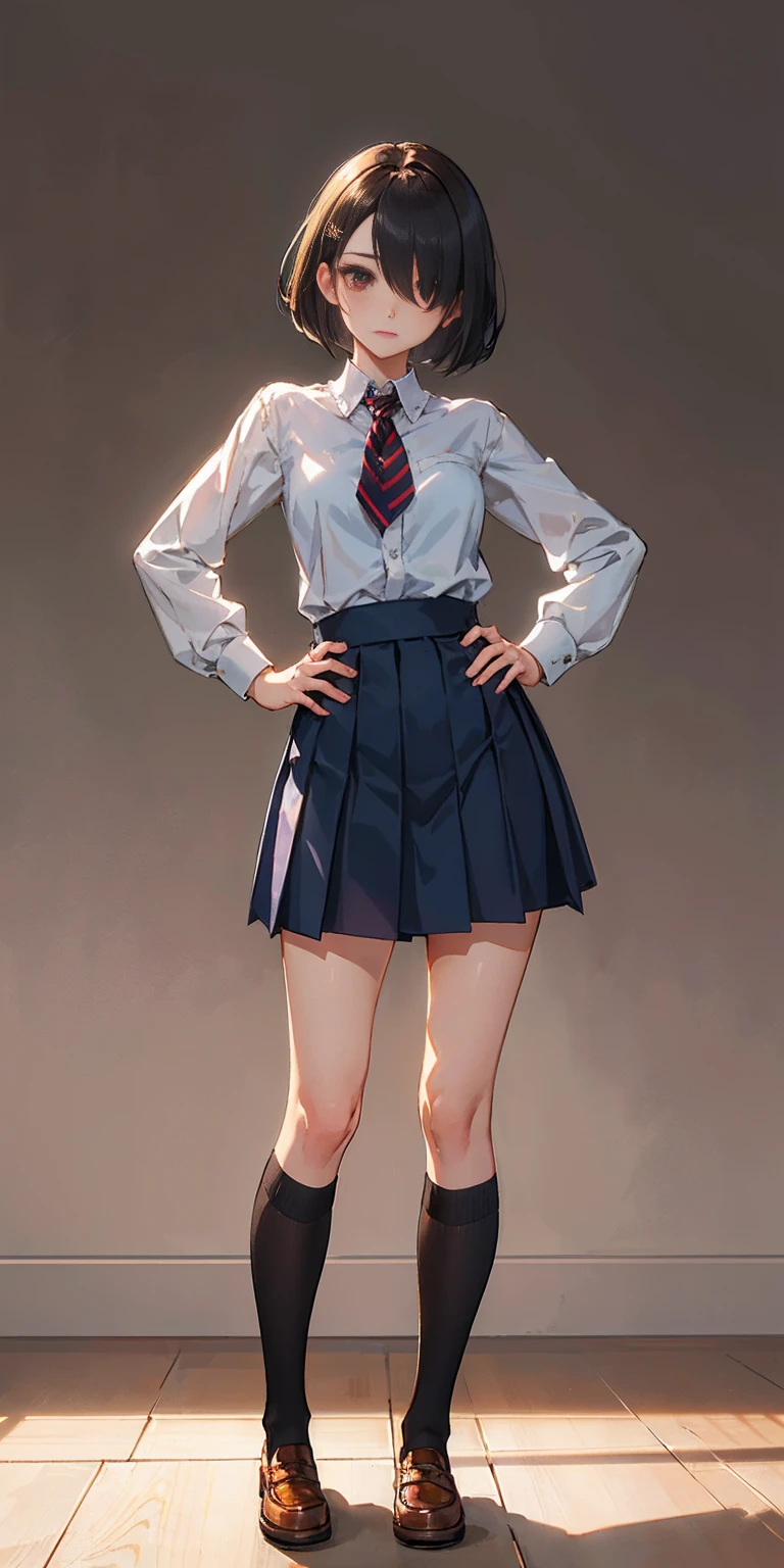 Subject:
Full body standing Catholic adult
Attire:
Crisp Catholic school uniform (blouse, skirt, tie)
Brown shoes (loafers or mary janes)
Pose:
Hands on hips (conveying confidence or defiance)
Details:
Short bob hairstyle
A single strand of hair falling across one eye (playfulness or defiance)
Background:
Plain background (1:2 aspect ratio)
Style:
Masterpiece (high quality, detailed)
Additional Notes:
Consider adding lighting details (soft light, dramatic light) to enhance the mood.
The overall mood like (nnocent or rebellious or confident).