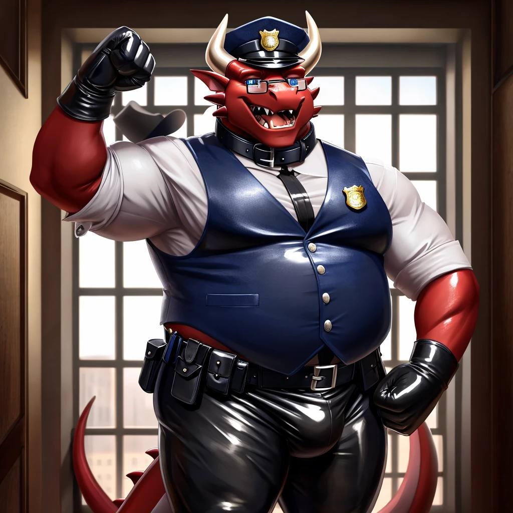 Solo, Male, fat, extremely obese, gentleman, dapper Dragon, blue eyes, (soft shading), 4k, hi res, ((detailed face, detailed)), looking at viewer, evil grin, police station, collared shirt with buttons, hat, male focus, Police Uniform, glasses, monocle, vest with buttons, sleeves rolled up, round eyewear, headwear, vest, Dragon is wearing a glossy leather dog collar around the neck, Dragon is wearing the leather collar and shirt and vest at the same time, Dragon is wearing glossy white rubber gloves on the hands, wearing white rubber gloves on the feet, gloves are rubber in texture, mouth wide open, evil laugh, clenching fists, leather collar is glossy and shiny with a lot of detail, Minotaur is wearing gloves and leather collar at the same time, leather collar has a round dog-tag, leather collar is thick and detailed, white rubber gloves on the feet, Dragon is wearing gloves and leather collar at the same time, leather collar has a round dog-tag, leather collar is thick and detailed, leather collar is glossy and shiny, fancy clothing, dapper vest, dapper shirt, leather collar is thick, glossy leather collar, Dragon is wearing a dirty diaper