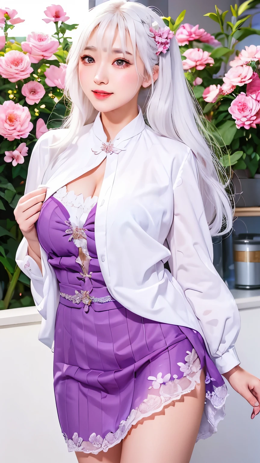 Practical, 1 girl, White hair, Purple Eyes, Shining eyes, Top of crop, skirt, Open your mouth, blush, night, Flowers, sun, sunlight,