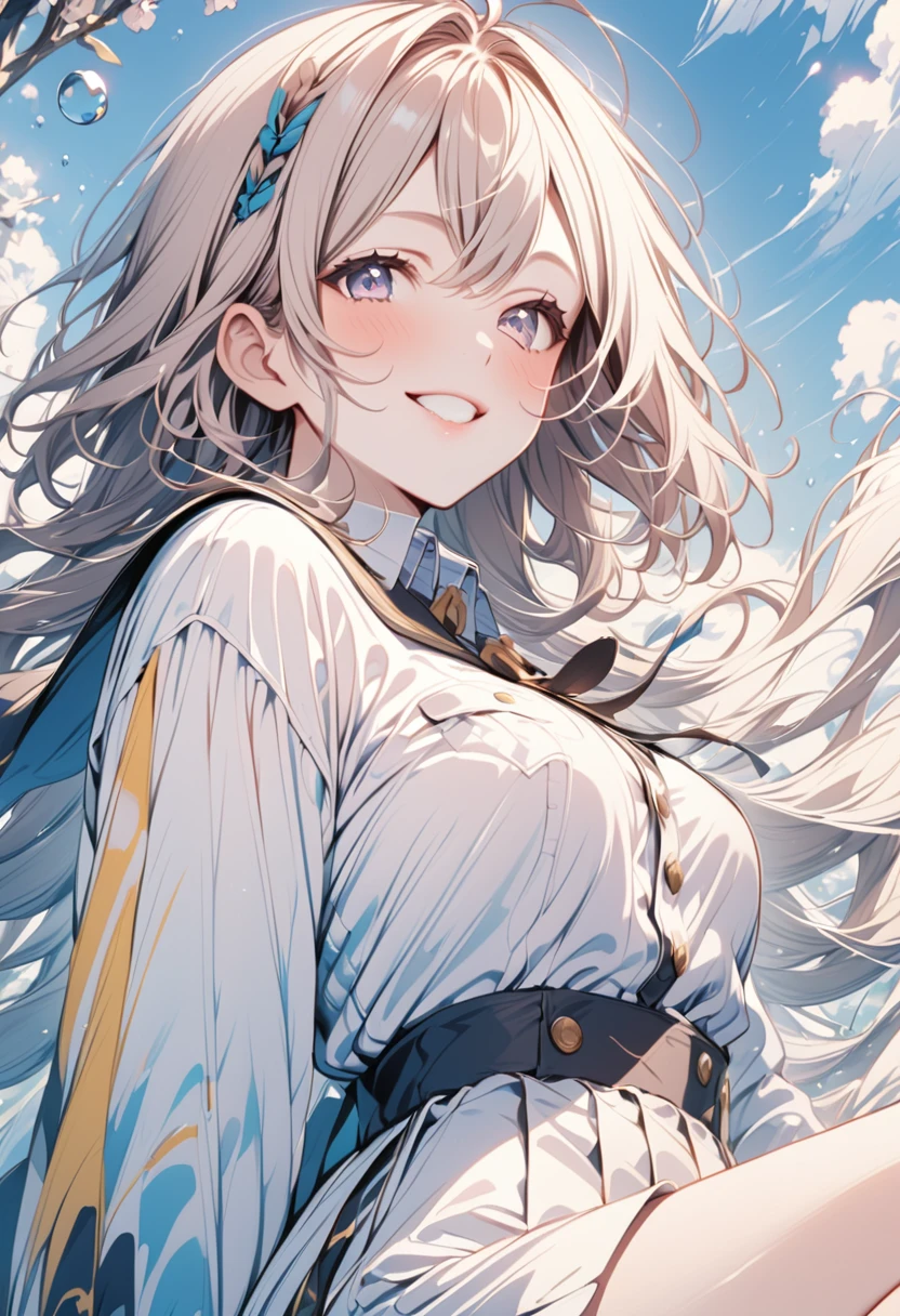 artwork:Yoshiyuki Sadamoto、Beautiful girl、、Turn around and smile at the viewer、Half-close your eyes、Smiling with teeth showing、one piece、water droplets、Blue sky and cumulonimbus background、Summer vacation、Summer Traditions、(Yoshiyuki Sadamoto スタイル:1.4)、Masterpiece、Detailed Description、pastel