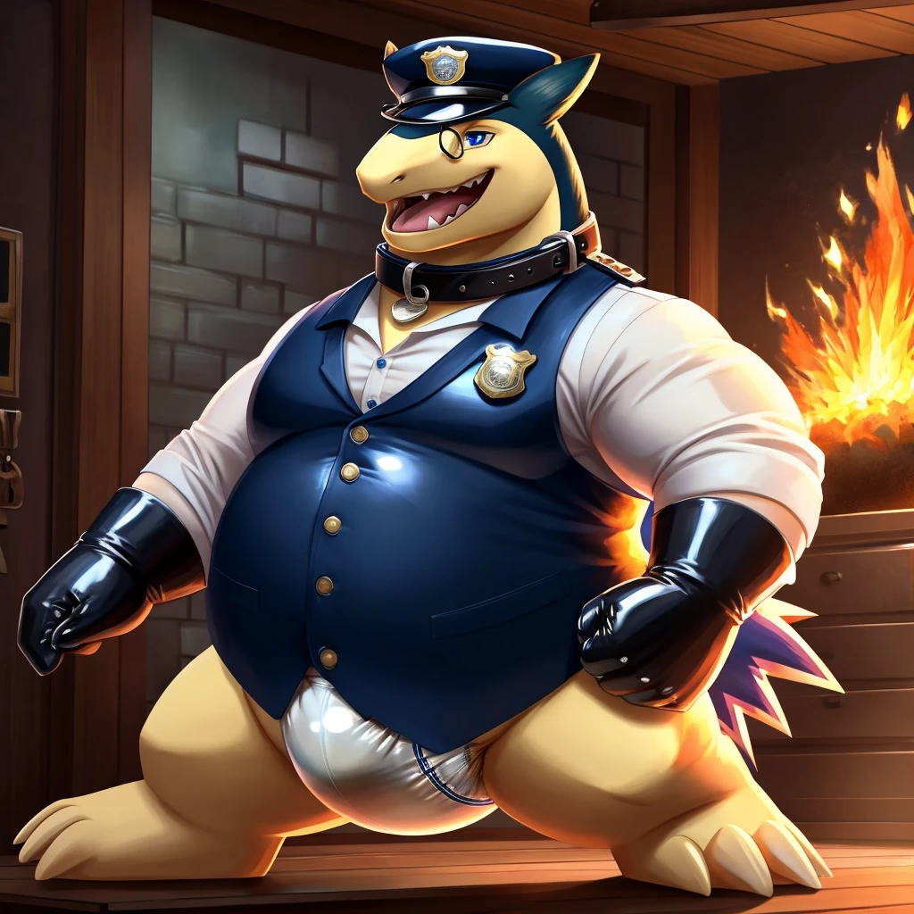 Solo, Male, fat, extremely obese, gentleman, dapper Typhlosion, blue eyes, (soft shading), 4k, hi res, ((detailed face, detailed)), looking at viewer, evil grin, police station, collared shirt with buttons, hat, male focus, Police Uniform, glasses, monocle, vest with buttons, sleeves rolled up, round eyewear, headwear, vest, Typhlosion is wearing a glossy leather dog collar around the neck, Typhlosion is wearing the leather collar and shirt and vest at the same time, Typhlosion is wearing glossy white rubber gloves on the hands, wearing white rubber gloves on the feet, gloves are rubber in texture, mouth wide open, evil laugh, clenching fists, leather collar is glossy and shiny with a lot of detail, Minotaur is wearing gloves and leather collar at the same time, leather collar has a round dog-tag, leather collar is thick and detailed, white rubber gloves on the feet, Typhlosion is wearing gloves and leather collar at the same time, leather collar has a round dog-tag, leather collar is thick and detailed, leather collar is glossy and shiny, fancy clothing, dapper vest, dapper shirt, leather collar is thick, glossy leather collar, Typhlosion is wearing a dirty diaper