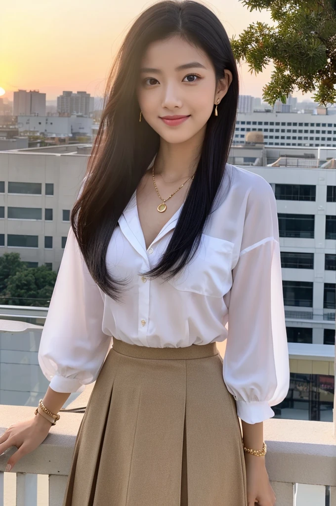 Rooftop of university building, 4th year university student, ((full body)), ((photo)), ((best qualtiy, 8K, tmasterpiece:1.3)), Focus:1.2, perfect figure beautiful girl:1.4, 1girl, cowboy shot, look at viewer, eyes facing the camera, incredibly absurd, beautiful and cute girl with a photorealistic face, showcasing top-quality craftsmanship, A Japanese girl watching the sunset on the roof of a university building, 19 years old, long, straight, silky black hair, fair skin, big eyes, thin eyebrows, double eyelids, long eyelashes, pink lips, smile, devilish smile, gorgeous features, well-defined facial features, beautiful face line, mysterious beauty, slender, tall, well-balanced proportions, large E-cup breasts, white shirt, tight black skirt, beige pumps, gold necklace and bracelet, small earrings, elegant ring, pretty girl, beauty, devilish type, pretty older sister, passionate about art, sociable, friendly, positive, has leadership skills, is proactive, is flexible, gets things done efficiently, works hard towards dreams and goals, March